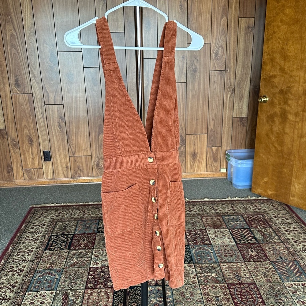 Corduroy Dress with Pockets and Crisscross straps Rust Orange